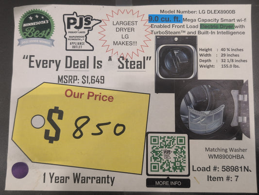 LG TurboSteam Series DLEX8900B 29 Inch Smart Electric Dryer with 9.0 Cu.Ft. Capacity, 12 Dryer Programs, 12 Dryer Options, Dial-A-Cycle™, Sensor Dry, TurboSteam™, SteamSanitary™, and Energy Star Certified
