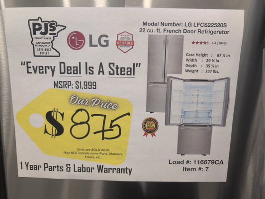 LG LFCS22520S 30 Inch French Door Refrigerator with 21.8 Cu. Ft. Capacity, Glide N' Serve™ Drawer, SpillProtector™ Shelves, Smart Cooling® &nbsp;and Factory Installed Ice Maker: Stainless Steel