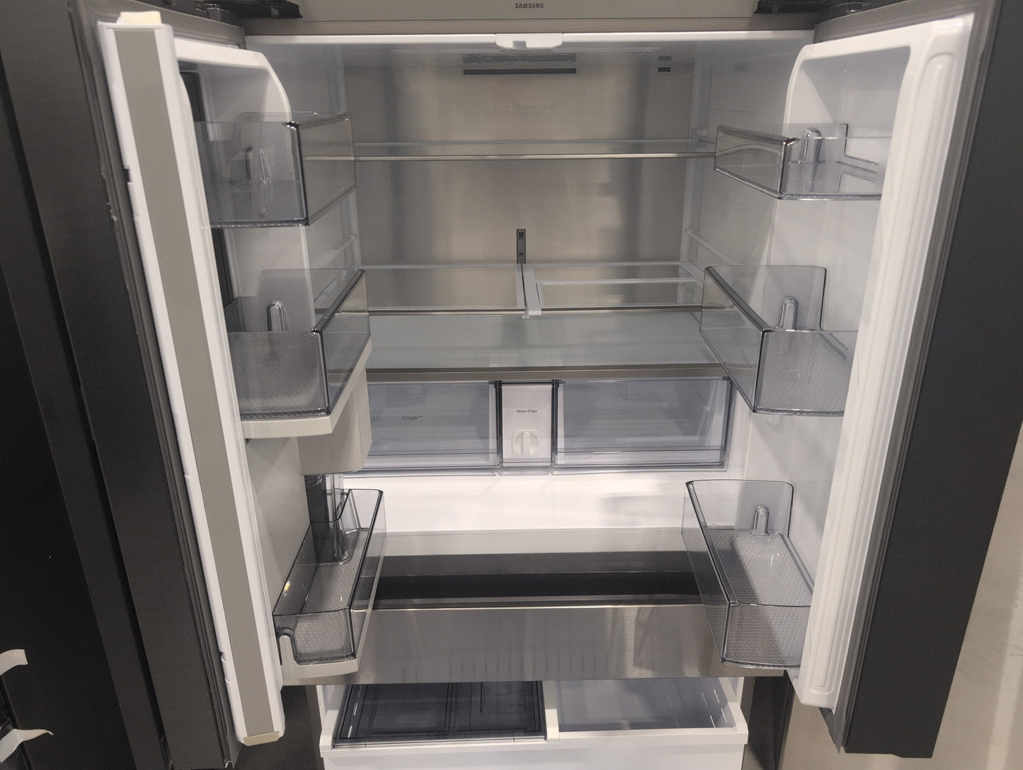 SAMSUNG RF29BB8900QKAA Bespoke 4-Door French Door Refrigerator (29 cu. ft.) - in Charcoal Glass Top and Family Hub™ Panels with Stainless Steel Middle and Bottom Panels