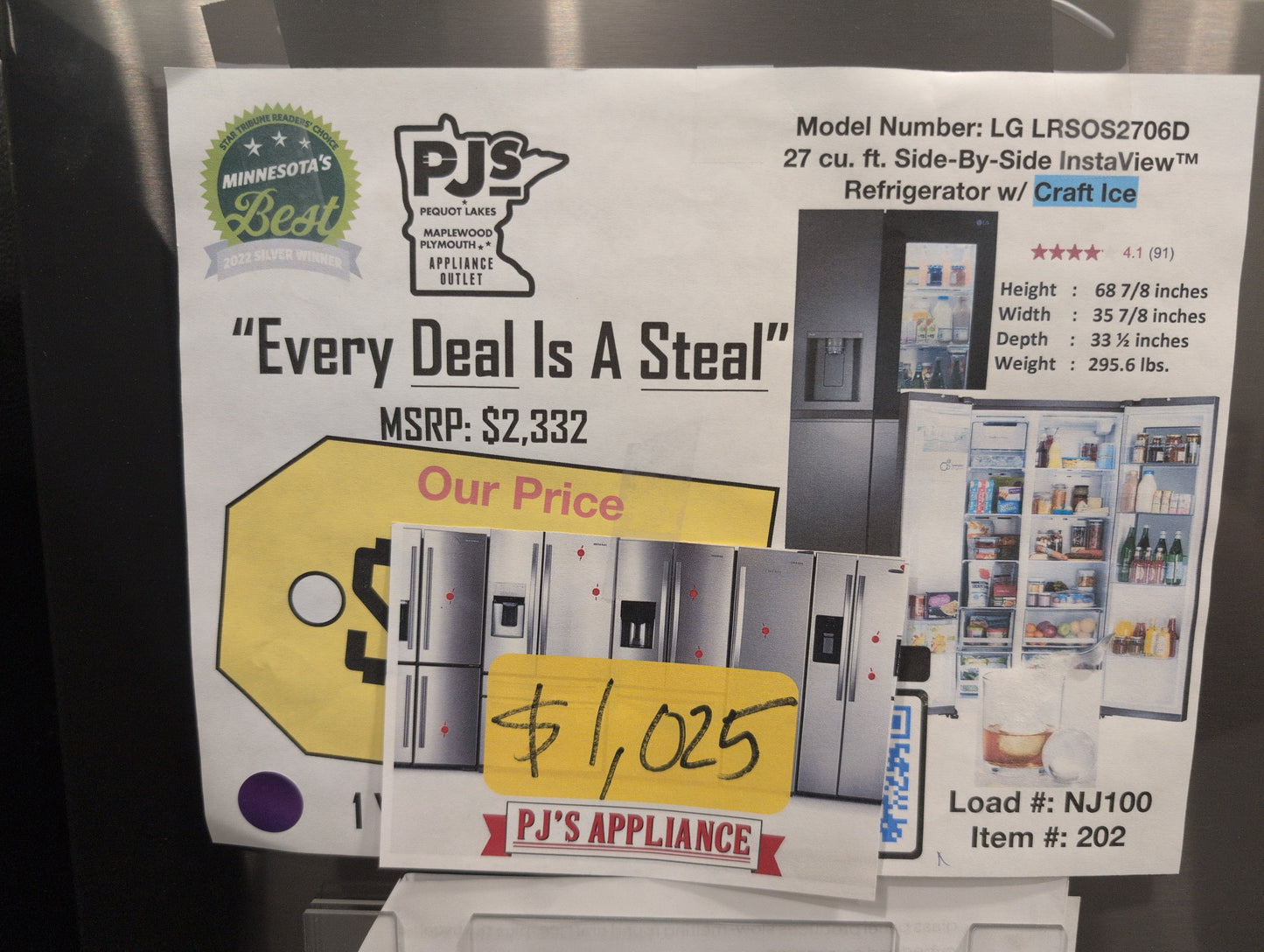 LG LRSOS2706D 27 cu. ft. Side-By-Side InstaView Refrigerator w/ Craft Ice - Black Stainless