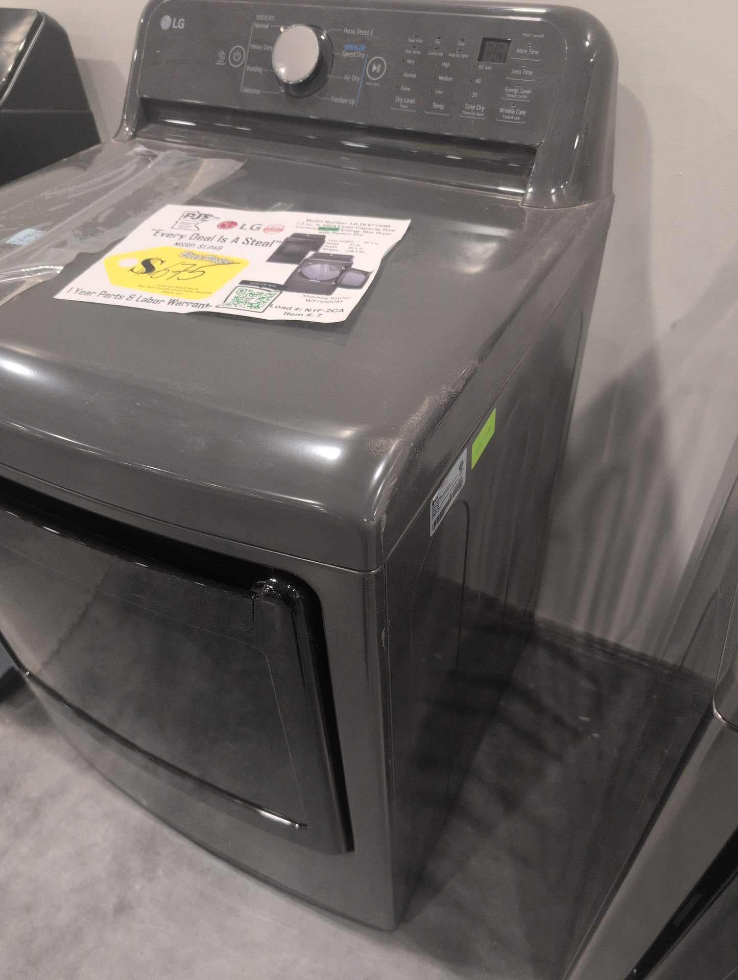 LG  DLE7150M 27 Inch Electric Dryer with 7.3 Cu. Ft. Capacity, 8 Dryer Programs, Sensor Dry, Dial-A Cycle™ Knob, FlowSense™ Duct Clogging Indicator, and Energy Star Certified: Middle Black