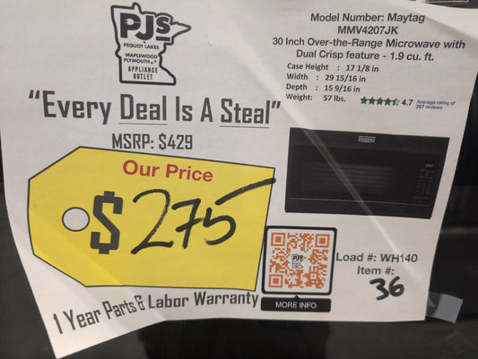 Maytag MMV4207JK 30 Inch Over-the-Range Microwave Oven with 950 Cooking Watts, 400 CFM, Sensor Reheat, Multiple Speed Exhaust Fan, Charcoal Odor Filter, Control Lock, and 1.9 Cu. Ft. Capacity: Cast Iron Black