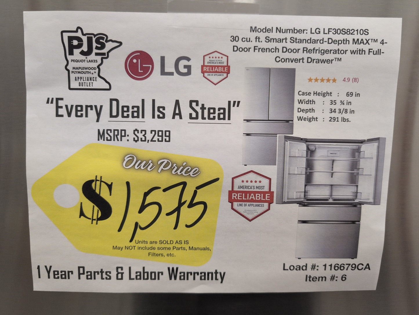 LG LF30S8210S 36 Inch Smart 4-Door French Door Refrigerator with 29.6 Cu. Ft. Capacity, Full-Convert Drawer™, Internal Water Dispenser, Door Cooling+, Smart Diagnosis™, Sabbath Mode, and ENERGY STAR® Qualified