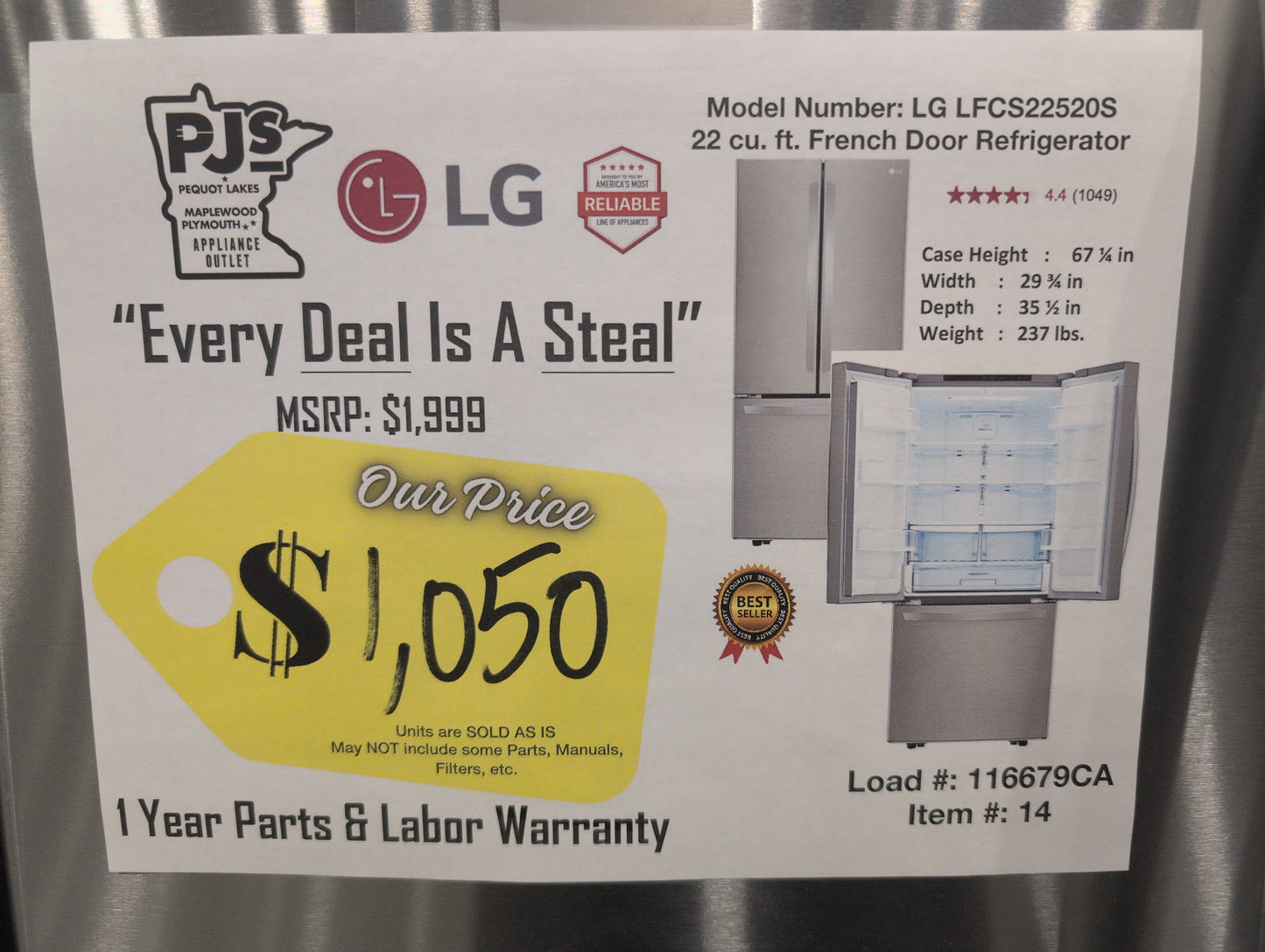 LG LFCS22520S 30 Inch French Door Refrigerator with 21.8 Cu. Ft. Capacity, Glide N' Serve™ Drawer, SpillProtector™ Shelves, Smart Cooling® and Factory Installed Ice Maker: Stainless Steel