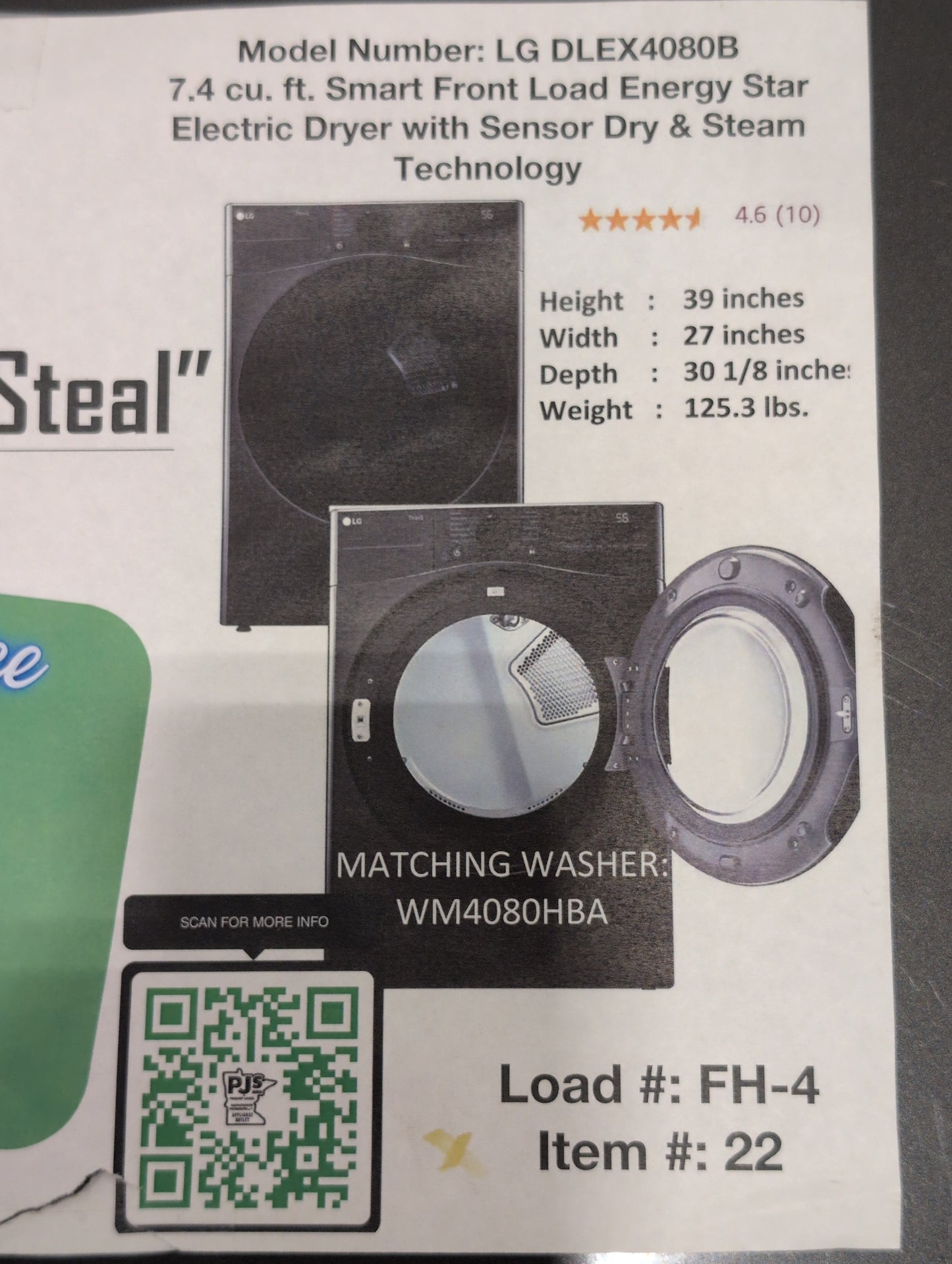 LG DLEX4080B 7.4 cu. ft. Smart Front Load Energy Star Electric Dryer with Sensor Dry & Steam Technology